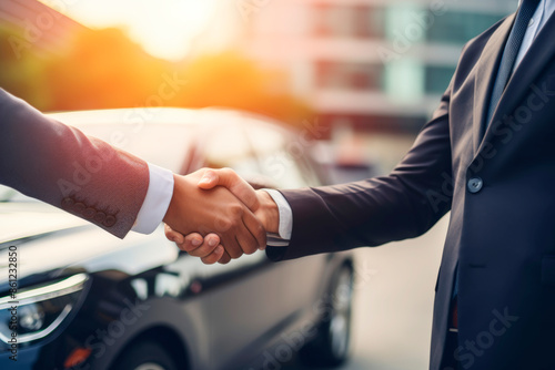 Sales consultant in a suit shaking hands with another man in front of a car, with daylight lighting photo