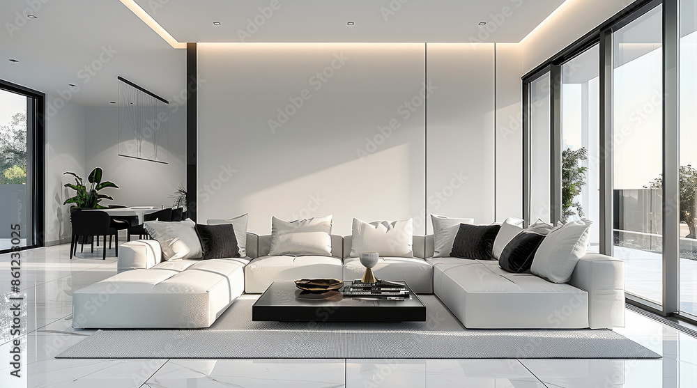 Minimalist living room, white and black and white sofa, modern interior ...