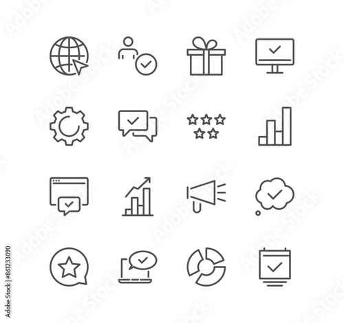 Set of seo and promotion related icons, data, market, analysis, feedback, optimization, target, website stats and linear variety vectors.	
