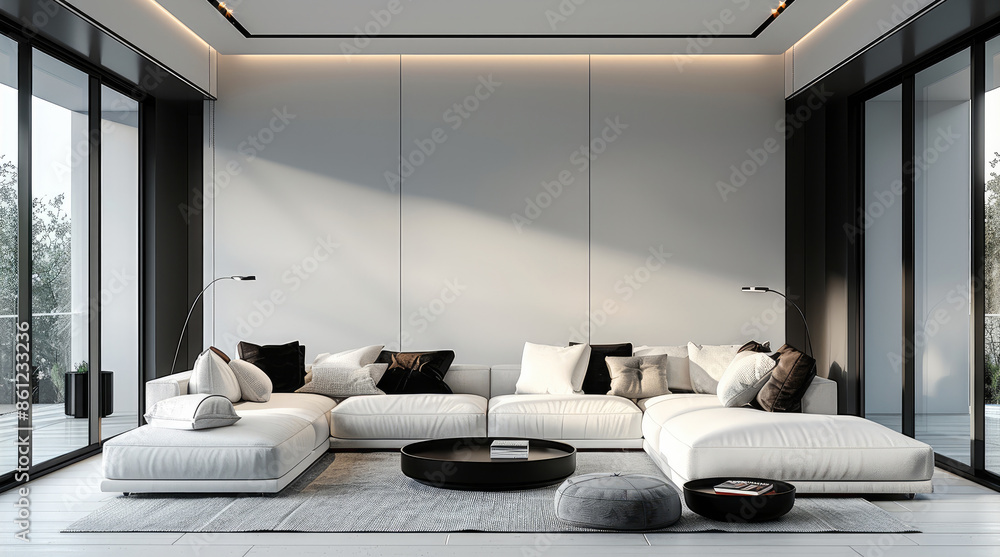 Minimalist living room, white and black and white sofa, modern interior ...