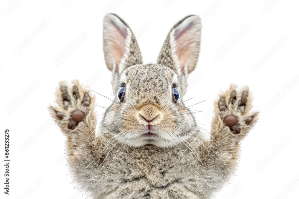 Close-up of a cute rabbit with paws raised, isolated on a white background. Perfect for animal and wildlife themes. Close-up of a cute rabbit with paws raised, isolated on a white background. Perfect for animal and wildlife themes.