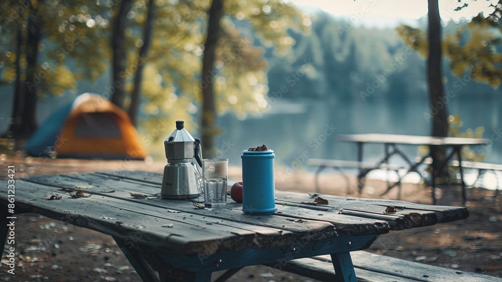 Picnic setup with coffee cup and kettle Picnic setup with coffee cup and kettle