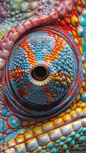 Chameleon eye with colorful skin patterns
