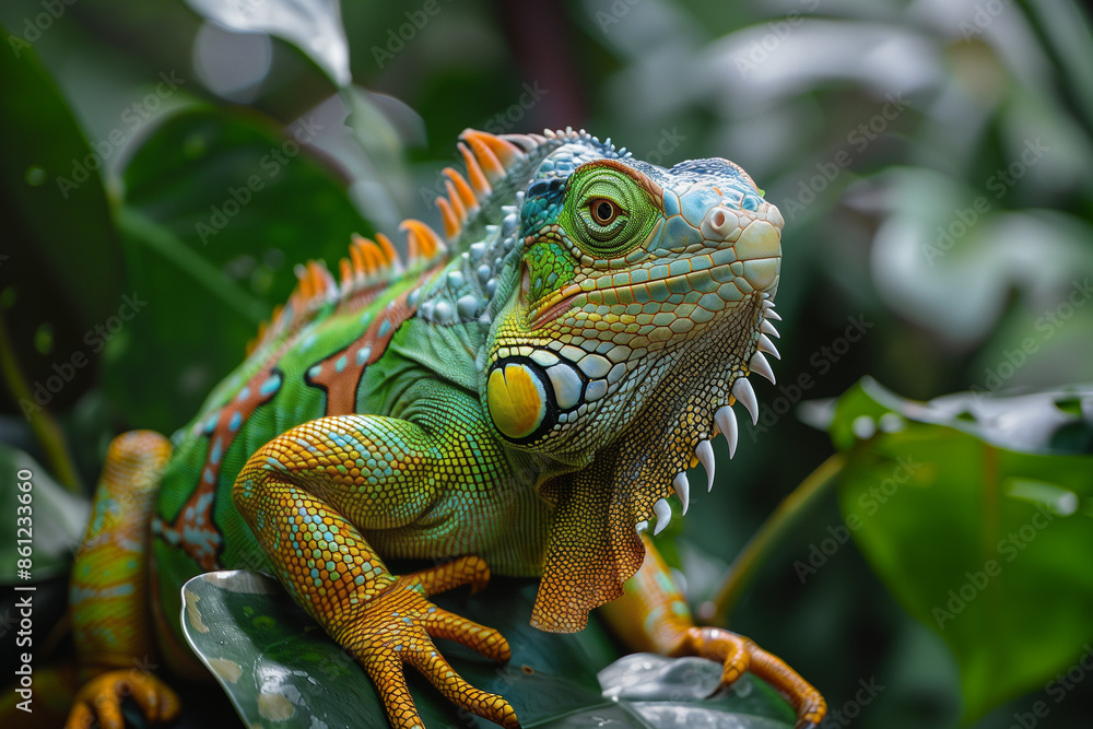 A colorful iguana sits on a branch, surrounded by lush green leaves in a tropical environment A colorful iguana sits on a branch, surrounded by lush green leaves in a tropical environment