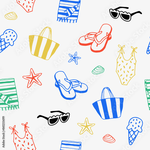 Summer beach elements seamless pattern, colorful vector flip-flops, tote bag, ice cream, sunglasses, swimwear and shells