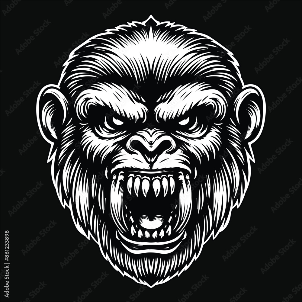 Fototapeta premium Dark Art Angry Beast Monkey Skull Head Black and White Illustration