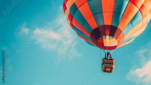 Colorful hot air balloon flying on blue sky. view from behind, copy space. 