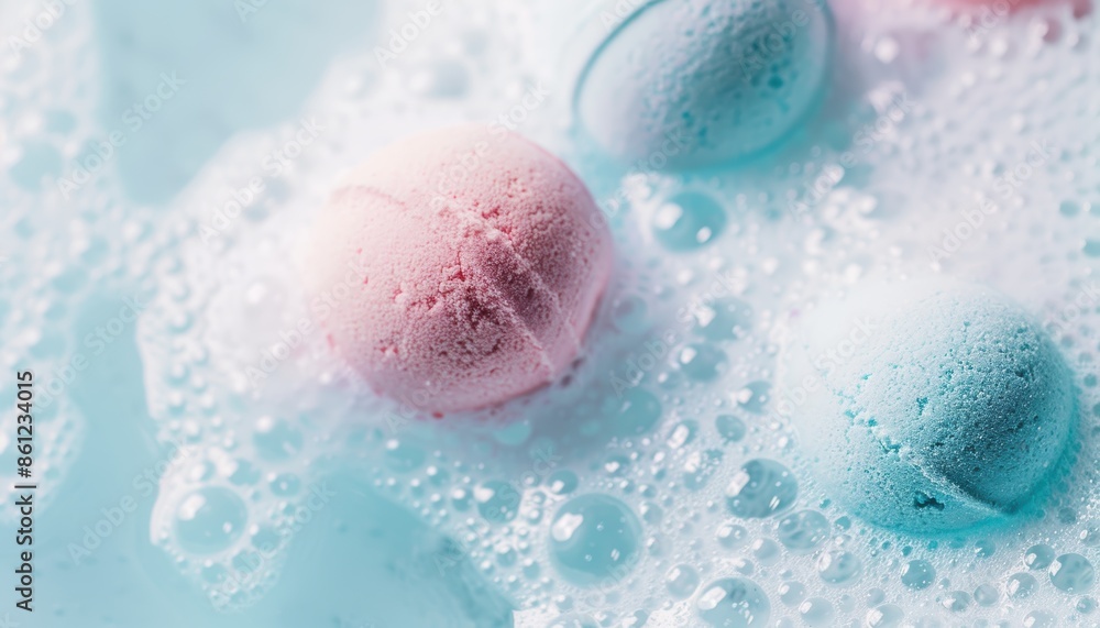 Fototapeta premium Close-up of colorful bath bombs creating bubbles in water, showcasing a relaxing and luxurious bath experience with pastel colors.