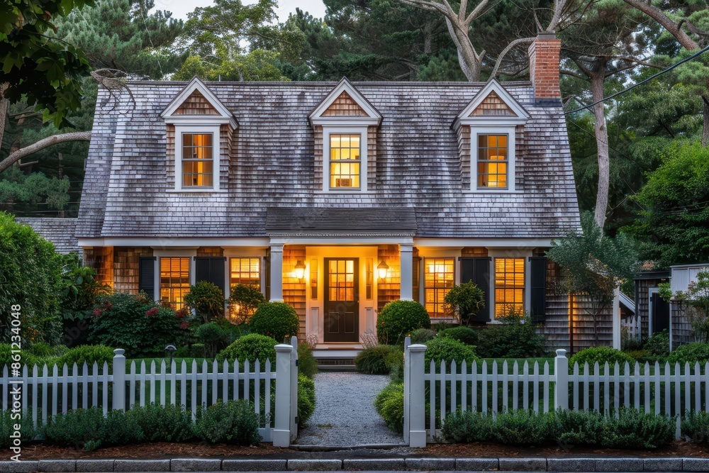 symmetrical cape cod house at twilight warm golden light emanating from windows twin dormers frame charming facade surrounded by lush landscaping and picket fence symmetrical cape cod house at twilight warm golden light emanating from windows twin dormers frame charming facade surrounded by lush landscaping and picket fence