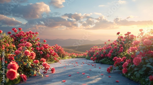 Fototapeta Naklejka Na Ścianę i Meble -  Empty podium surrounded by lush red roses under a partly cloudy sky.