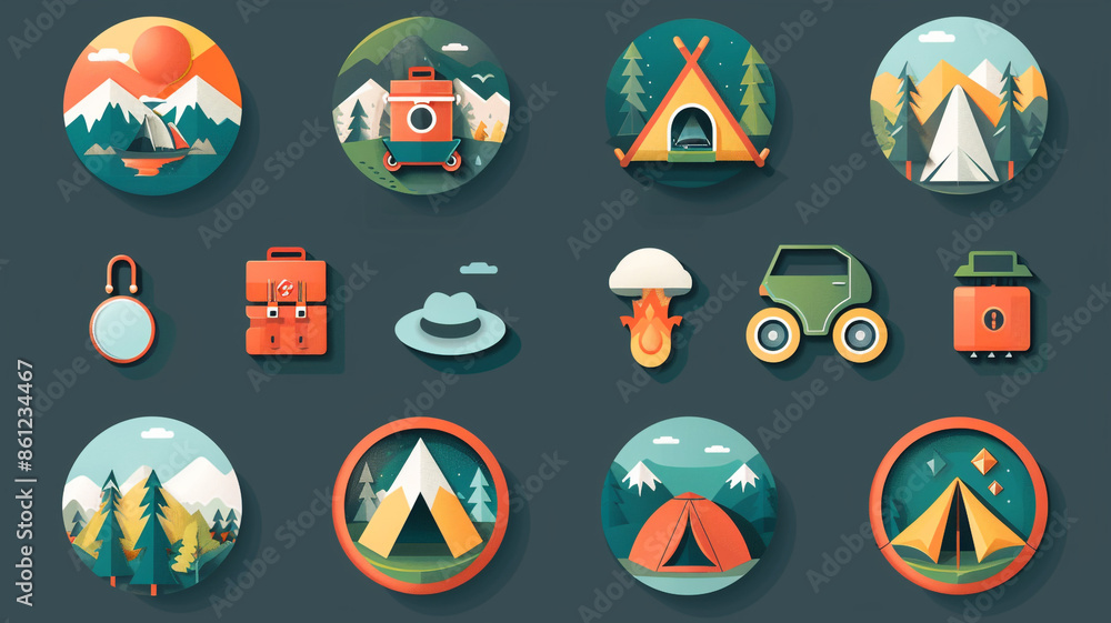 Camping and nature flat icons set Camping and nature flat icons set