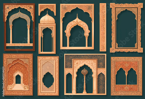 mosaic entrance, window of mosaic, Islamic arch, Mughal frames, Islamic greeting card template featuring Ramadan for use in wallpaper design