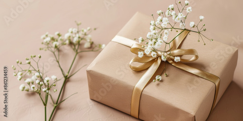 Elegant Gift Box with Golden Ribbon and White Flowers on Neutral Background