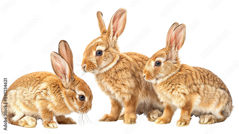 Fototapeta premium The Three Musketeers of the Burrow: Adorable Rabbit Portraits. Adorable Bunnies. three brown rabbits in a charming display, these images effectively convey a message of love, friendship.