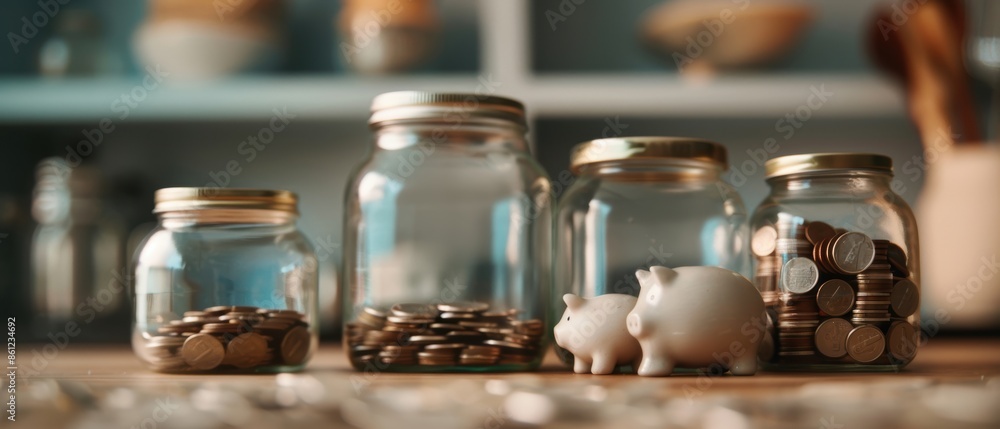 A set of glass jars filled with various dried goods on a cozy kitchen counter. A set of glass jars filled with various dried goods on a cozy kitchen counter.