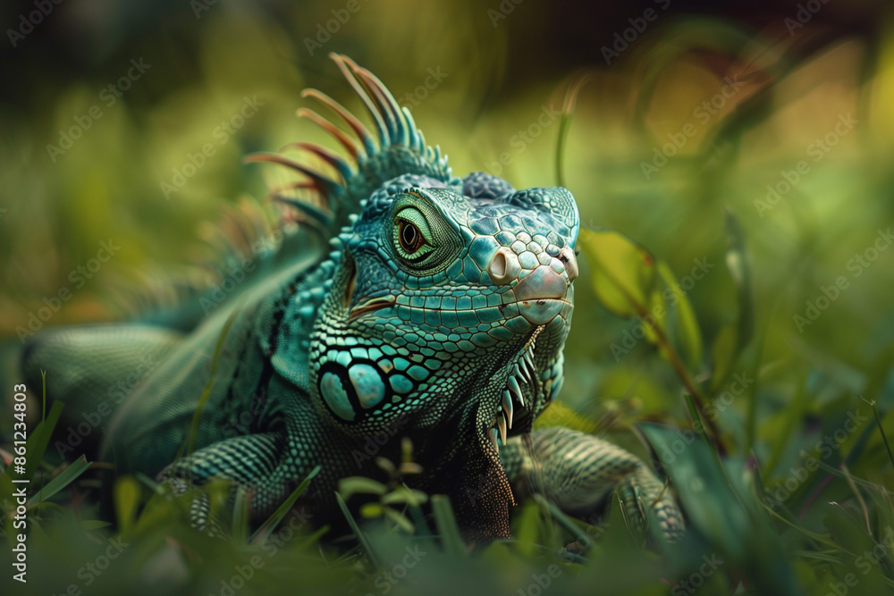 Green iguana with spiked scales resting in lush foliage creating a detailed and striking portrait Green iguana with spiked scales resting in lush foliage creating a detailed and striking portrait