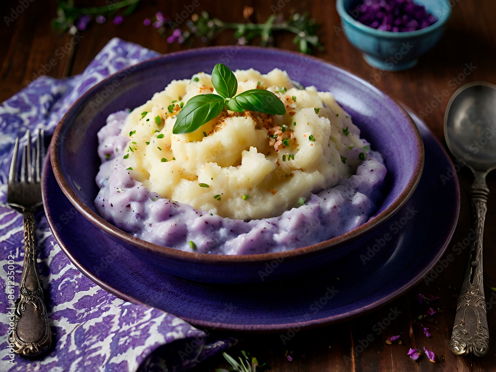 A creative twist on mashed potatoes using blue potatoes, creating a striking purple dish. A creative twist on mashed potatoes using blue potatoes, creating a striking purple dish.