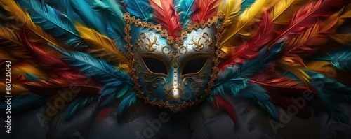 Wallpaper Mural Colorful feathered masquerade mask with intricate gold accents on dark background, capturing elegance, mystery, and festive spirit. Torontodigital.ca