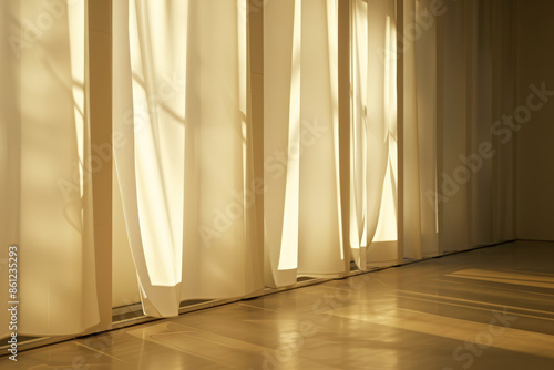 Minimalist Exhibition Space with Sunlit Curtains and Wooden Floor © smth.design