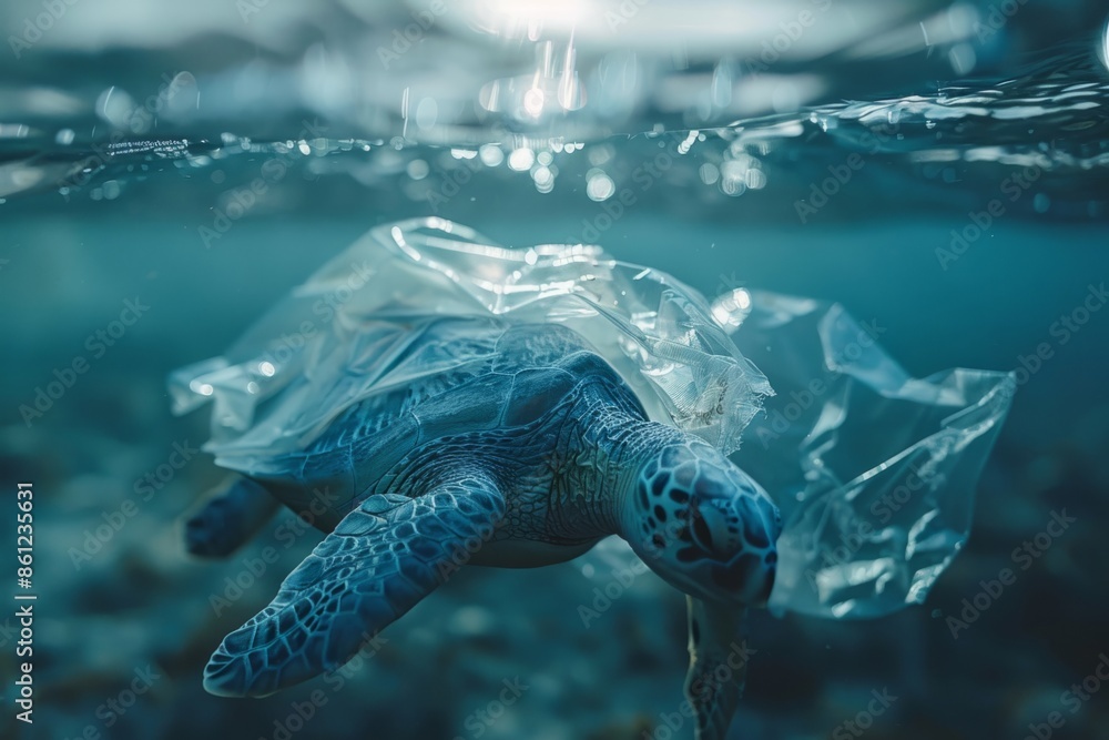 Obraz premium Turtle and plastic bag underwater in the ocean, water pollution concept