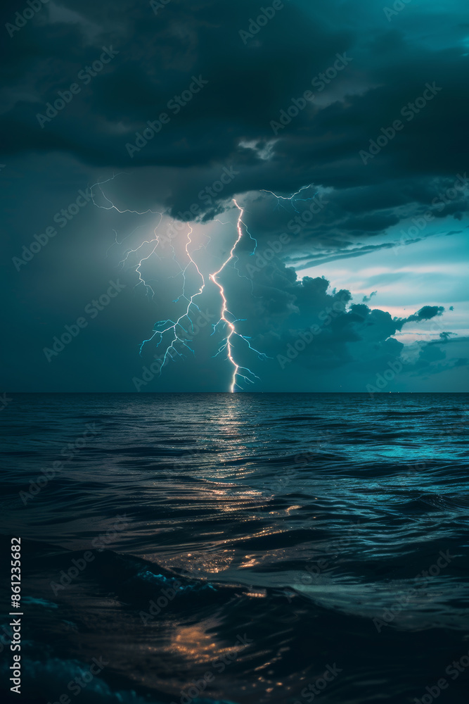 Captivating Lightning Strike Over Ocean Waves Under Stormy Night Sky Captivating Lightning Strike Over Ocean Waves Under Stormy Night Sky
