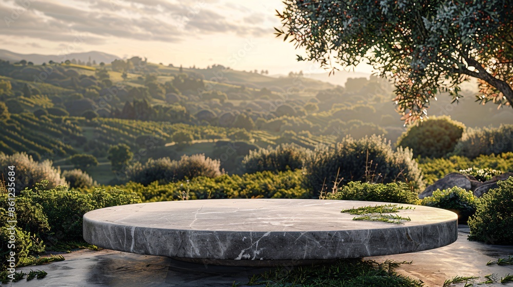 Concrete platform in a vibrant flower garden with a scenic view of rolling hills at sunset. Concrete platform in a vibrant flower garden with a scenic view of rolling hills at sunset.