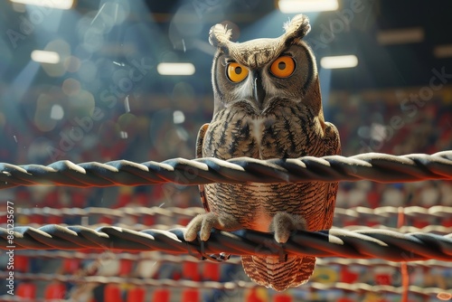 A small owl is perched on a rope in a boxing ring photo