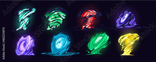 Tornado game effect. Comic VFX. Magic storms. Energy vortexes. Cyclone funnels. Cartoon animation icon. Colorful twisters. Whirlwind portals. Spiral twirls. Video move. Swirl power elements vector set