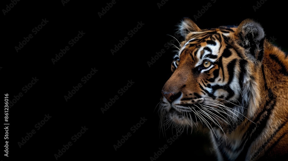 Fototapeta premium Close-up Portrait of a Tiger's Profile Against a Black Background