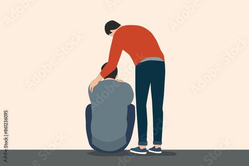 man comfort sad friend. mental support sympathy concept. father -son, brother , family. minimal vector illustration
