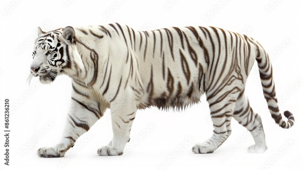 Striking White Tiger Walking on a White Background Striking White Tiger Walking on a White Background