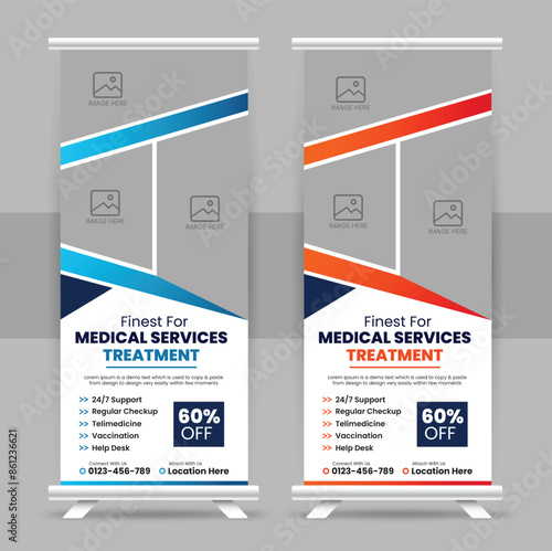 Modern medical healthcare services roll up or minimalist corporate business signage standee exhibition and professional display pull up banner template