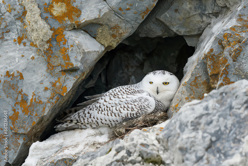 Beautiful snowy owl resting on nest in rock crevice