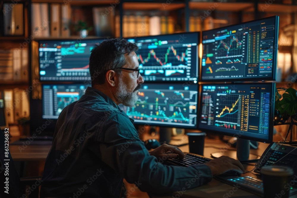 Trader analyzes charts on multiple monitors Trader analyzes charts on multiple monitors