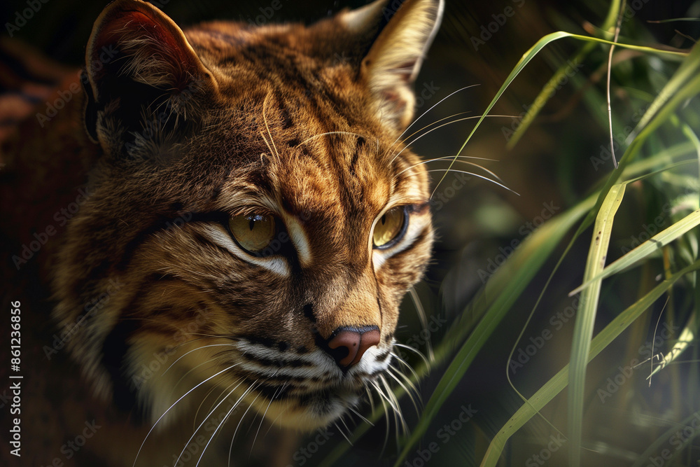 Obraz premium Close-up of a wildcat with a focused gaze among tall grass creating an intense wildlife portrait