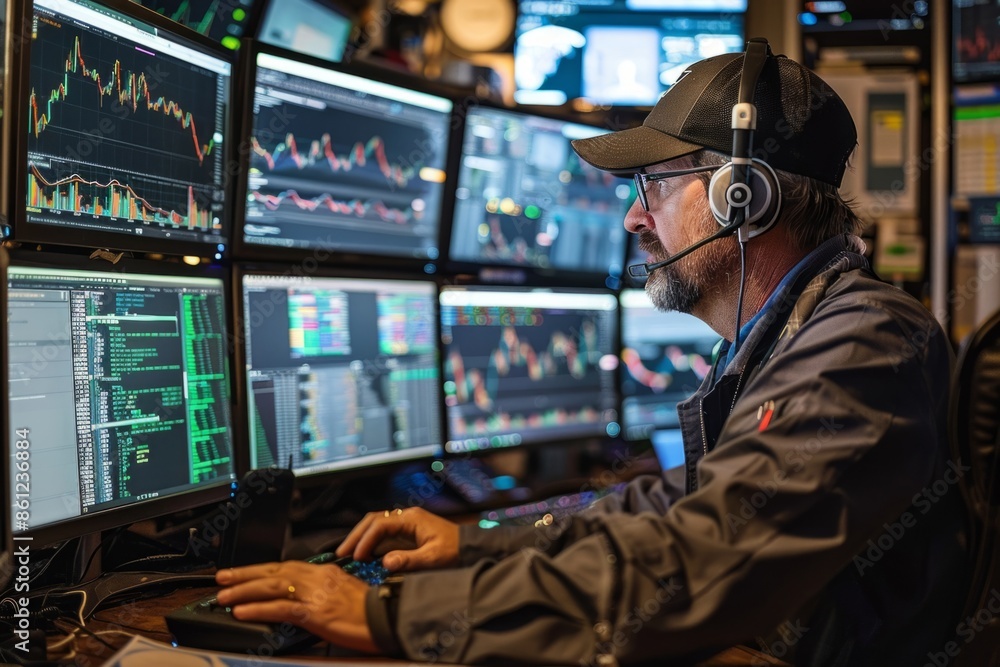 Stock trader analyzes graphs on computer monitors Stock trader analyzes graphs on computer monitors