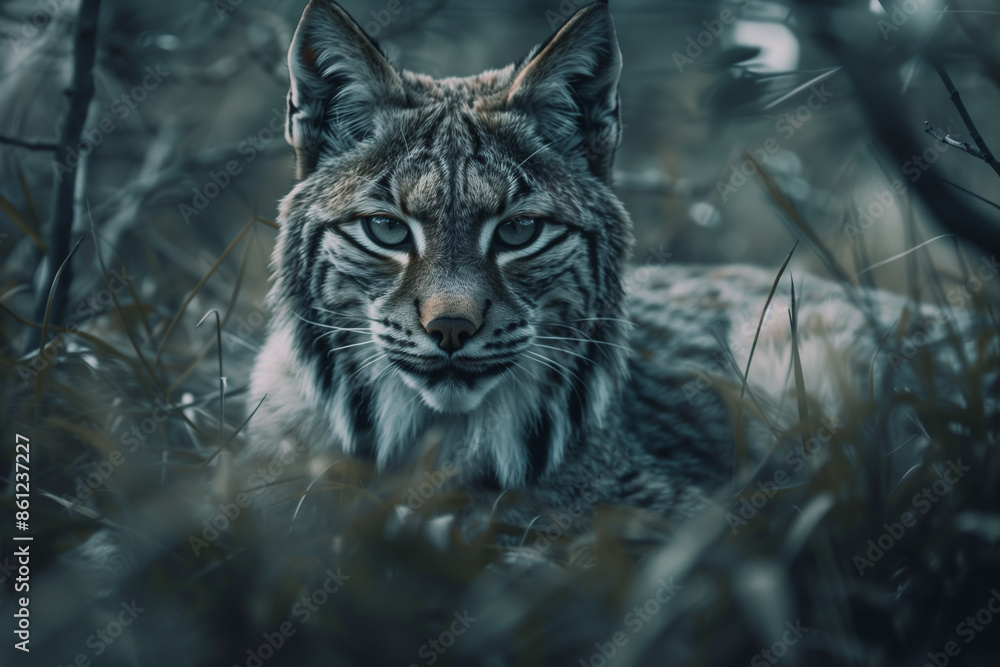 Fototapeta premium Intense gaze of a lynx in a dark forest creating a captivating and mysterious wildlife portrait