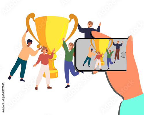 Champion cup. Hand holding smartphone and take a photo of Group of young joyful people with champion cup. Successful teamwork. Flat vector illustration.