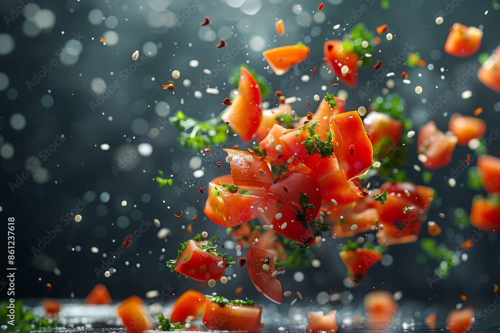 Fresh Chopped Vegetables in Mid Air with Herbs and Spices Fresh Chopped Vegetables in Mid Air with Herbs and Spices