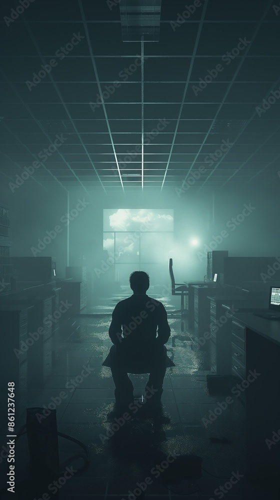 Man sitting alone in busy office in front of dark city scape Man sitting alone in busy office in front of dark city scape