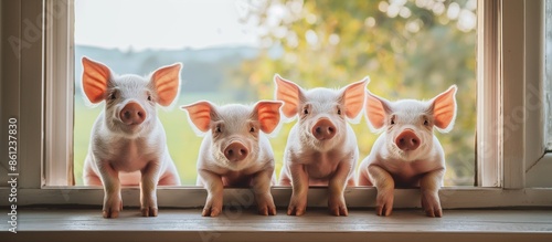 Cute pigs standing still. Piglets. Adorable young pink pigs standing in a row with trotters on pen window sill watching. Farming concept photo