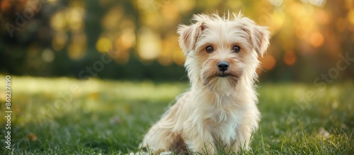 Adorable morkie sitting in lawn. A cute dog waiting for instructions. Pet concept. Breed dog. Pet care. photo