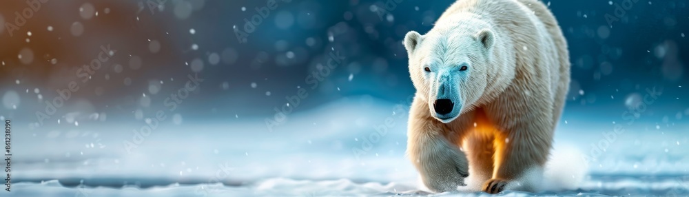 majestic polar bear walking through snowstorm in arctic landscape. majestic polar bear walking through snowstorm in arctic landscape.