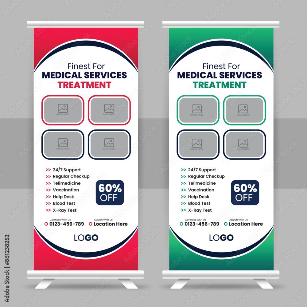 Naklejka premium Modern medical healthcare services roll up or minimalist corporate business signage standee exhibition and professional display pull up banner template
