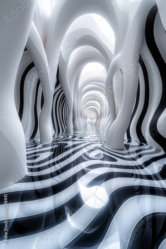 Wallpaper Mural Abstract Futuristic Corridor with Black and White Stripes and Organic Curves Torontodigital.ca