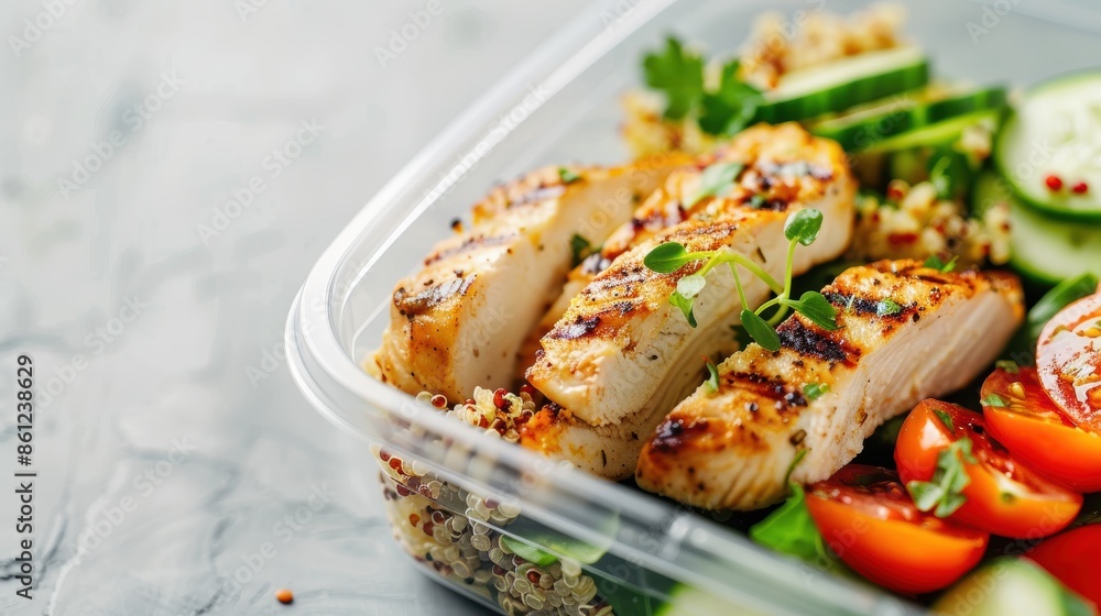 Healthy meal prep container with grilled chicken, quinoa, fresh vegetables, and herbs on a light background. Healthy meal prep container with grilled chicken, quinoa, fresh vegetables, and herbs on a light background.