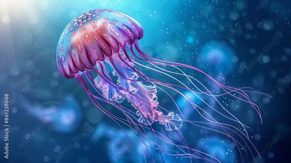 Fototapeta premium Purple Jellyfish Glowing in Deep Blue Water