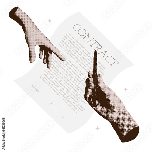 One hand giving a pen to the other to sign a contract in halftone collage style. Signing the document concept. Application form. Filling out, completing, signing business documents. Paper page. Vector