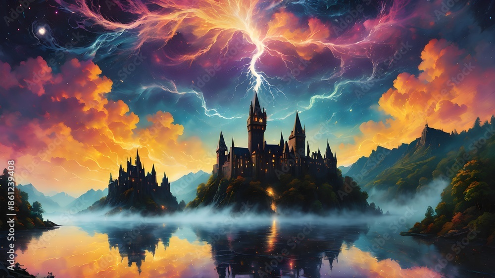 The kingdom in the middle of the lake. Colorful lightning from above the clouds