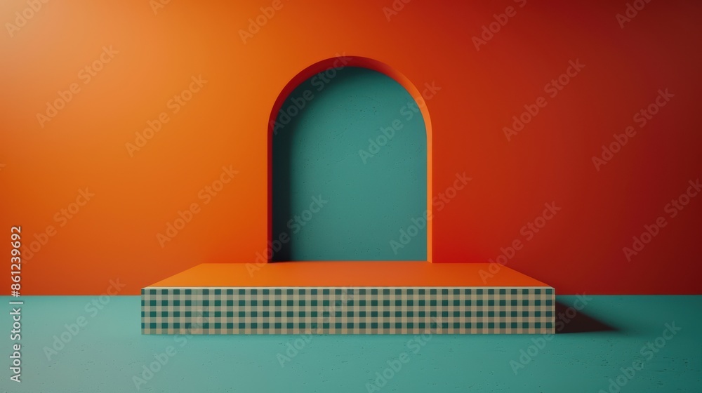 Modern minimalist scene showcasing an archway with a checkered platform against vibrant orange and teal walls. Clean, bold, and stylish design. Modern minimalist scene showcasing an archway with a checkered platform against vibrant orange and teal walls. Clean, bold, and stylish design.